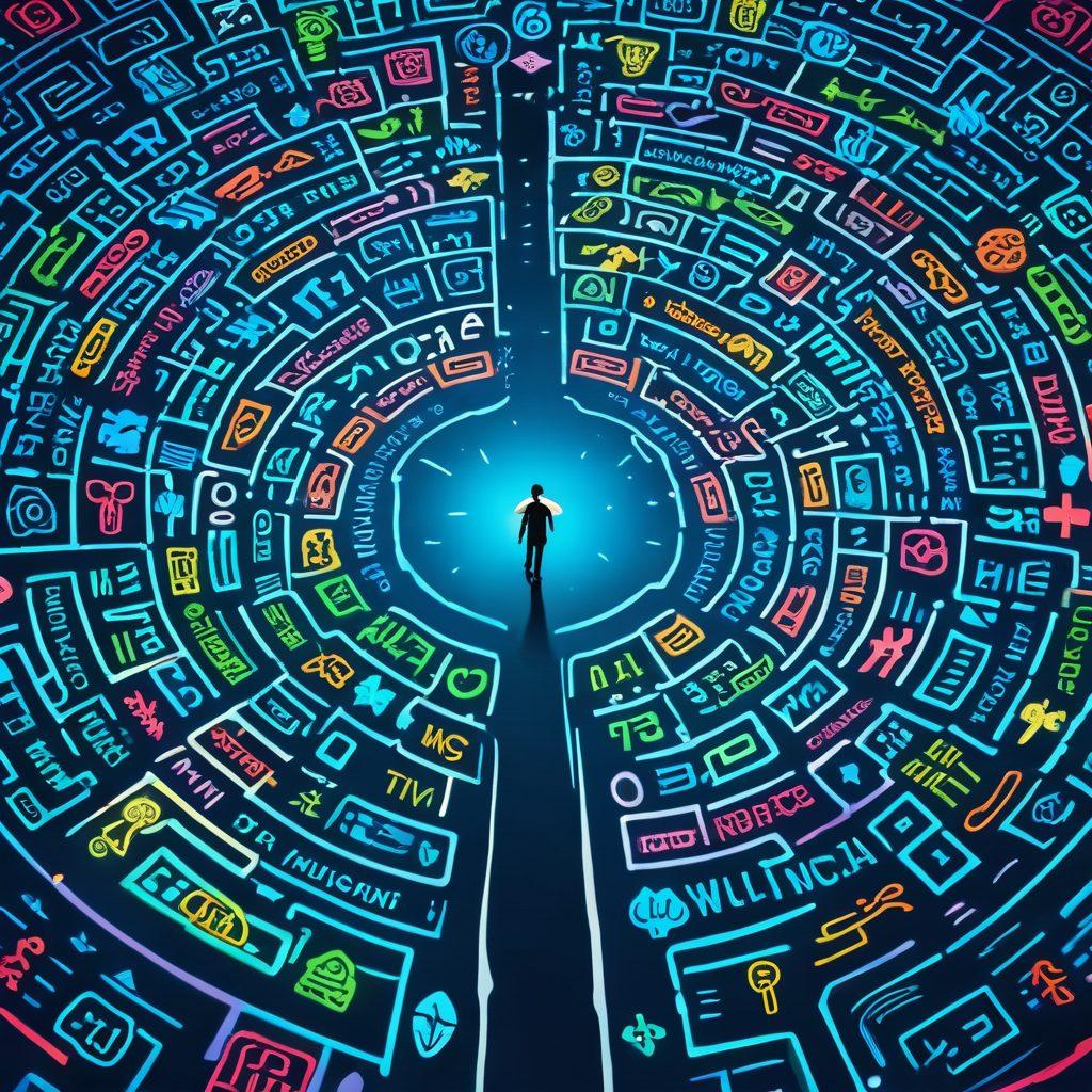 A person standing at a crossroads in a colorful maze made of insurance symbols like shields, umbrellas, and dollar signs. The path is illuminated, signifying guidance, and features signs pointing to 'Comprehensive Coverage' and 'Financial Security'. The background is a mix of calming blues and greens, giving a sense of assurance and clarity. Illustrative style with vibrant colors and digital art elements.