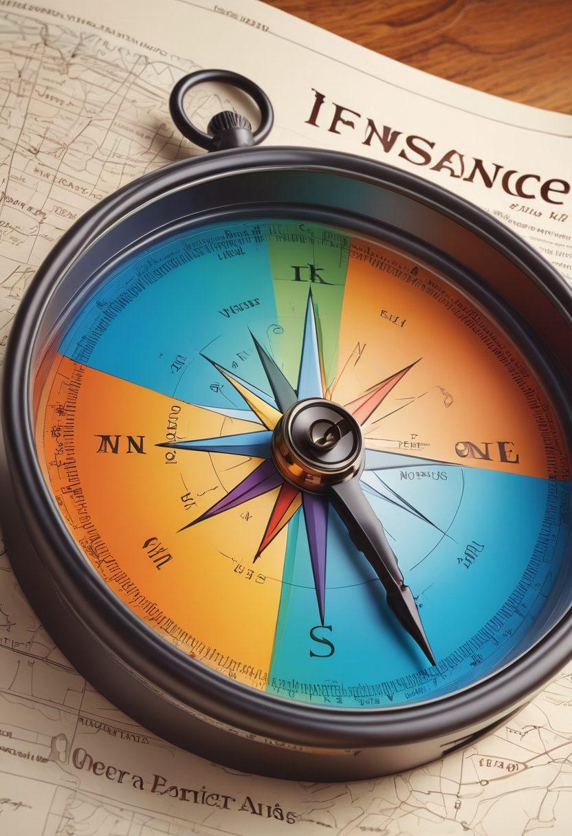An illustrated compass with symbols representing health, auto, and home insurance, surrounded by a vibrant map that includes icons like a doctor's stethoscope, a car, and a house. The compass is pointing towards the word 'Coverage', with rays of light symbolizing guidance and expertise, creating a sense of adventure in insurance navigation. super-realistic. vibrant colors. whimsical design.