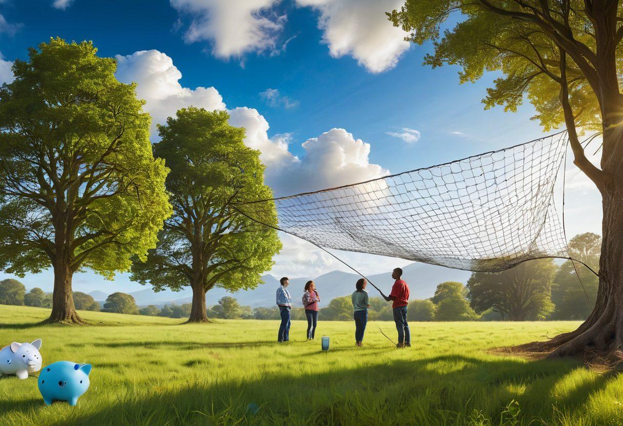 A serene landscape depicting a sturdy safety net stretched between two tall trees, symbolizing financial security. Below the net, various symbols of risk management such as a calculator, a shield, and a piggy bank are scattered on a grassy field. The sky is bright with clouds, illuminating the scene with hopeful tones. People of diverse backgrounds stand beside the net, discussing and pointing, showcasing collaboration in policy choices. super-realistic. vibrant colors. natural setting.